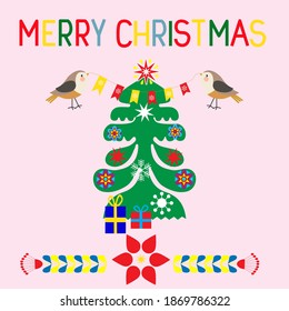 Christmas card, made in the Scandinavian style, depicts a festive Christmas tree that is decorated with birds. Holiday inscription made by hand in the program Illustrator, Vector illustration