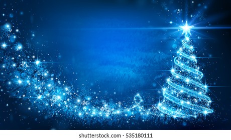 Christmas card with Magic Tree blue color. Vector illustration