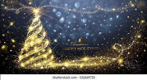 Christmas Card With Magic Tree And Flickering Lights. Vector Illustration