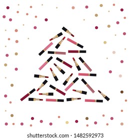 
Christmas card for makeup artists. lip glosses and lipsticks laid out in the shape of a Christmas tree on a white background