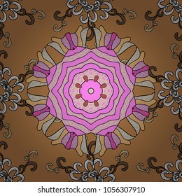 Christmas Card Mandala Design. Vintage pattern. Invitation Card, Scrapbooking. Colored over beige, neutral, pink, black and brown. Decorative Indian Round Mandala on beige, neutral, pink, brown colors