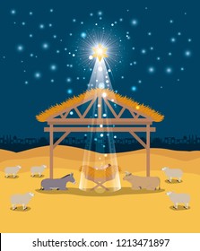 christmas card with manger stable and animals