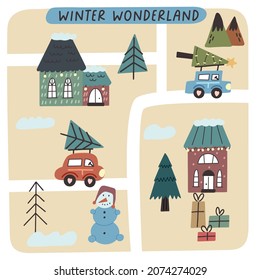 Christmas card map with winter houses, Christmas tree, car. Boho cozy scandinavian village cottage vector digital postcard for nursery baby in flat hand drawn style