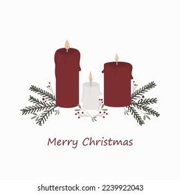 Christmas card. Marry Christmas text, candles and fir branches . Eco decoration. Xmas and New 2023 Year. Vector flat cartoon style	