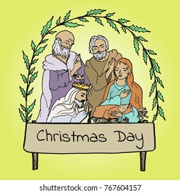Christmas card. Mary and Joseph with the baby Jesus in Bethlehem. Hand drawn vector illustration