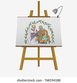 Christmas card. Mary and Joseph with the baby Jesus in Bethlehem. Hand drawn vector illustration