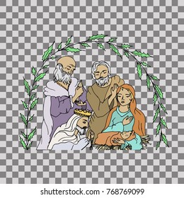 Christmas card. Mary and Joseph with the baby Jesus in Bethlehem. Hand drawn vector illustration