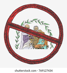 Christmas card. Mary and Joseph with the baby Jesus in Bethlehem. Hand drawn vector illustration