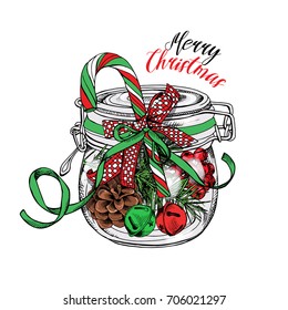 Christmas card. Mason jar with a pinecone, holly, bells, fir branch, lollipop, bow. Vector illustration.