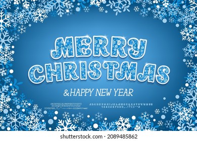 Christmas card Merry Christmas with blue-white snowflakes frame and ornate font on navy blue background. Two vector fonts sets are included