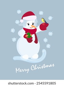 Christmas card Merry Christmas.Vector cute snowman in a Santa Claus hat, scarf and mittens with a bird in his hand. snowgirl on a light blue background.