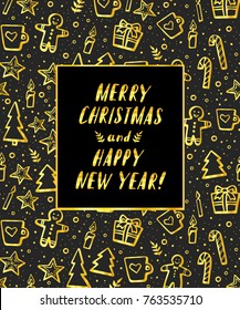 Christmas Card. Merry Christmas Gold Vector Lettering and hand-drawn xmas graphic. Greeting Card. Vector illustration