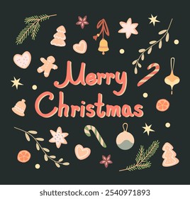 Christmas card, Merry Christmas greetings. Christmas elements. Gingerbread cookies, lollipops, balls, ornaments, Christmas tree branch, stars, bells
