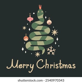 Christmas card. Merry Christmas greetings. Year of the snake 2025. Christmas tree in the shape of a snake, Christmas toys