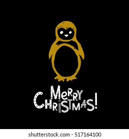 Christmas card. Merry christmas handwritten font. Penguin hand drawn isolated on black background