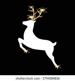 Christmas card. Merry Christmas and Happy New Year. Congratulation. A white reindeer with golden antlers is jumping. Shimmer, glow of gold. Falling gold stars. Vector eps 10.