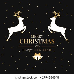 Christmas card. Merry Christmas and Happy New Year. Congratulation. Two white deer are jumping. A pair of white bells are ringing. Vector eps 10.