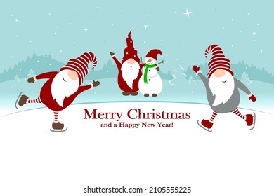 Christmas card "Merry Christmas and Happy New Year" with cute Christmas gnomes on a skating rink with a mountain landscape. Vector illustration