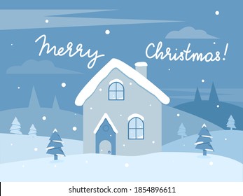 Christmas Card - Merry Christmas. House in the middle of snowy hills, Christmas trees, falling snow and an inscription, a wish, for printing. for stickers, for postcards, for congratulations. EPS 10