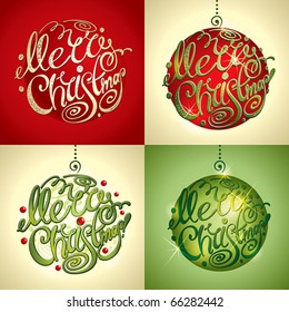 Christmas Card. Merry Christmas lettering by four styles of a writing and color. Vector illustration.