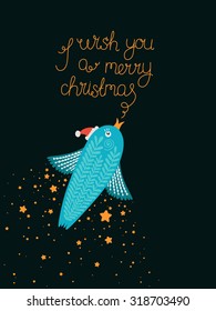 Christmas card with Merry Christmas lettering and cute bird. New year postcard with cartoon animal on space background. I wish you a merry christmas