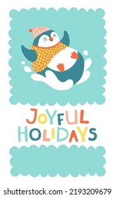 Christmas card with a merry penguin rolling down from a snowy mountain on his pope. Joyful holidays. Vector cartoon illustration in simple childish hand drawn cartoon style. The limited palette.