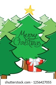 Christmas card, Merry Christmas and present in pine forest.