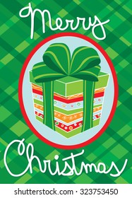 Christmas Card Merry Christmas Script With Wrapped Present And Large Bow Plaid Background