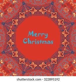 Christmas card with Merry Christmas text with decorations. Nature Floral ornament as a snowflake circle silhouette: berry, flower. Brown, red, purple, yellow colors. Vector eps10.