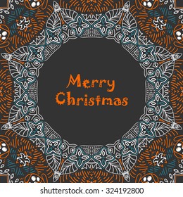 Christmas card with Merry Christmas text with decorations. Nature Floral ornament as a snowflake circle silhouette: berry, flower. Brown, red, purple, yellow, grey colors. Vector eps10.
