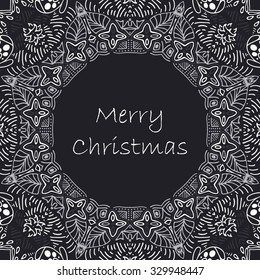 Christmas card with Merry Christmas text with decorations. Nature Floral ornament as a snowflake circle silhouette with berry, flower. Brown, tan, maroon, black white colors. Vector illustration eps10