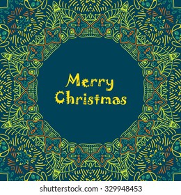 Christmas card with Merry Christmas text with decorations. Nature Floral ornament as a snowflake circle silhouette with berry, flower. Brown, green, yellow, orange colors. Vector illustration eps10.