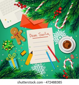 Christmas card. Merry Christmas Wish List To Santa Clause on green background. Flat design, vector illustration