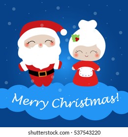 Christmas card with Merry Christmas words. Santa Claus and Mrs. Claus