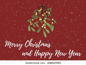 Christmas card with mistletoe and congratulations. Christmas mistletoe hanging, vector illustration.Christmas background