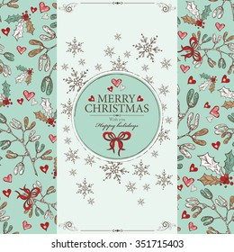 Christmas card with mistletoe and holy .hand drawn 