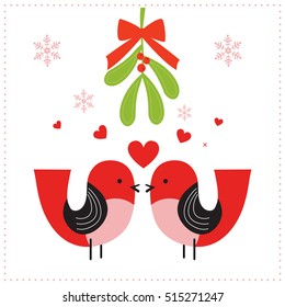 Christmas card with mistletoe and sweet birds design