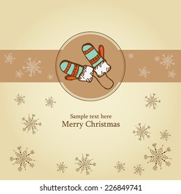 Christmas card with mittens, hand drawn. 