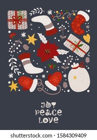 Christmas card with mittens, socks and gifts. Illustration for christmas holidays.