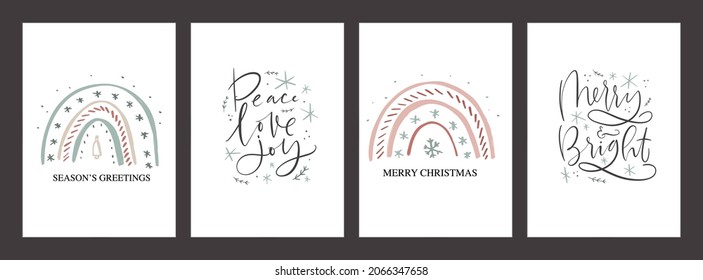 Christmas card modern design with rainbow and snowflake hand drawn graphic. Season's greetings text, Peace, love, joy, Merry and bright calligraphy phrases for a winter holiday decoration or wall art.