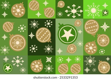 Christmas card in modern geometric style. Straight Christmas green background with geometric patterns, snowflakes, gifts and abstract elements