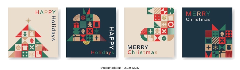 Christmas card in modern minimalist geometric style. Square Christmas background with geometric patterns, snowflakes, gifts and abstract elements