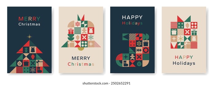 Christmas card in modern minimalist geometric style. Straight Christmas background with geometric patterns, snowflakes, gifts and abstract elements