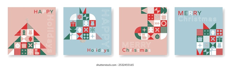 Christmas card in modern minimalist geometric style. Square Christmas background with geometric patterns, snowflakes, gifts and abstract elements. Lovely colors of pink and powder blue.	