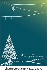 Christmas card with modern tree, blue background. Vector illustration. 