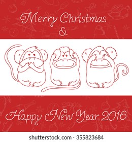 Christmas card with monkey. 2016 year of monkey
