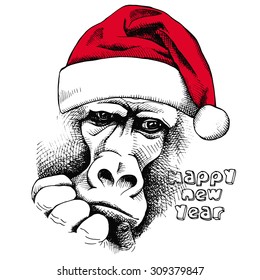 Christmas card. Monkey portrait in Santa hat. Vector illustration.