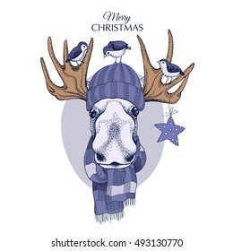 Christmas card. Moose portrait in a knitted hat and scarf with a birds. Vector illustration.