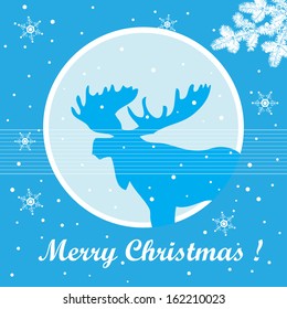 Christmas card with moose silhouette, fir branches and snowflakes