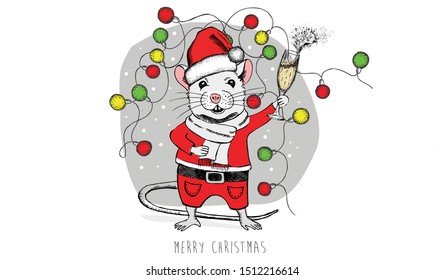 Christmas card. Mouse hand drawn illustration. New Year card.